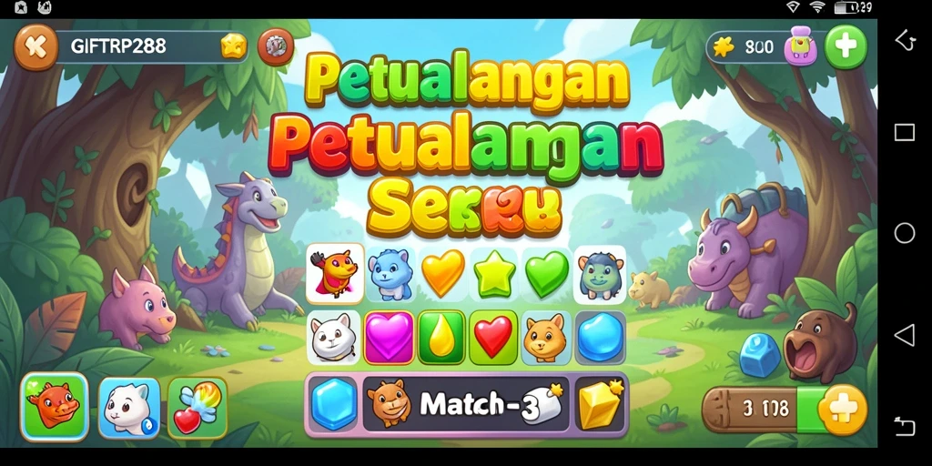 Screenshot utama GIFTRP288 menampilkan gameplay Match-3 yang penuh warna.