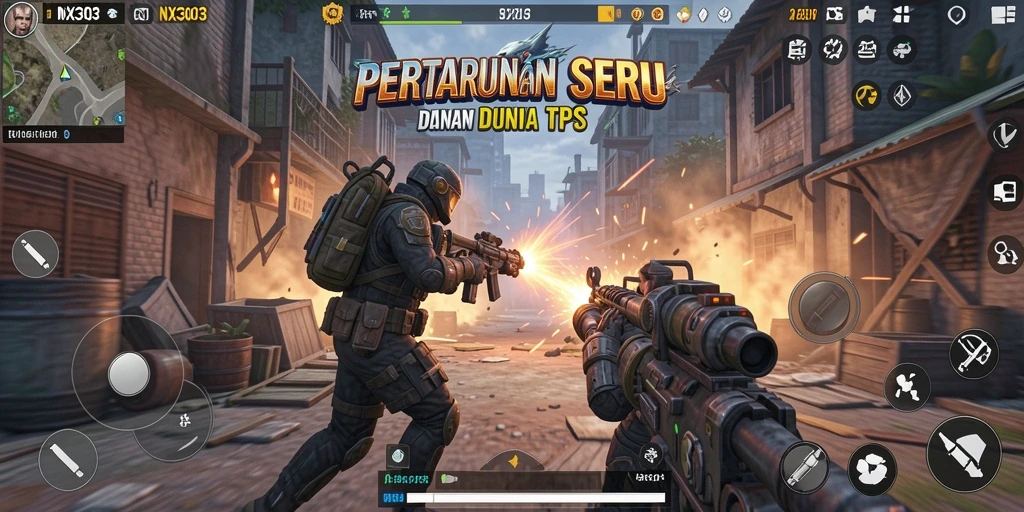 Tampilan gameplay NX303 yang intens dan mendebarkan dalam pertempuran TPS.