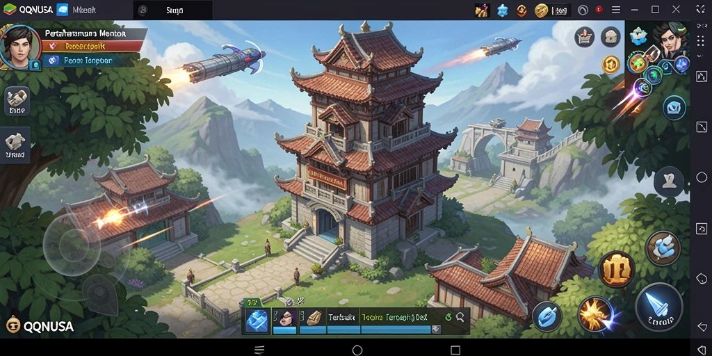 Tampilan gameplay menegangkan di <strong>QQNUSA</strong> dengan menara dan musuh yang dinamis.