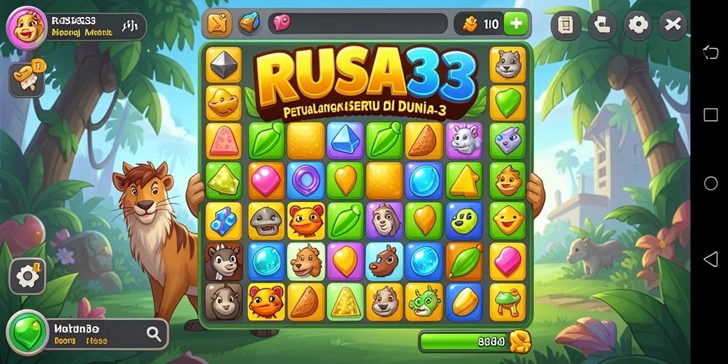 Tampilan gameplay RUSA33 dengan permata berwarna-warni dan tantangan Match-3.